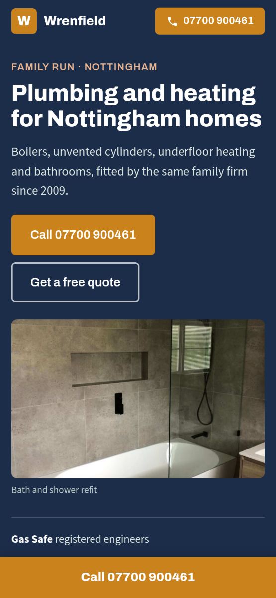 The rebuilt site on a phone: big headline, a call button and a quote button